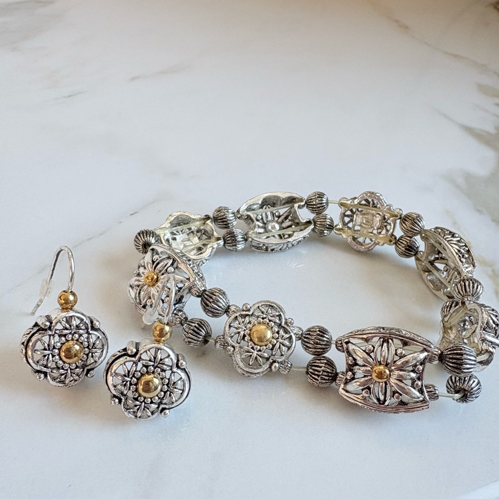 2003 Avon Two Tone Filigree Bracelet & Earrings Set NIB Silver Gold | NIB